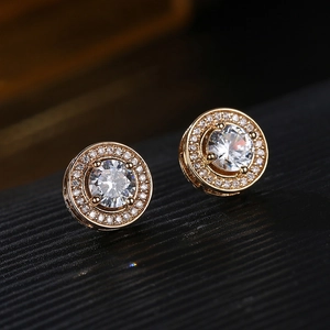 Sparkling rose gold halo stud earrings with round cubic zirconia in a four-claw setting