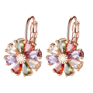 Bunte Zirkon-Ohrringe in Blumenform mit Roségold-Finish und Lever-Back-Verschluss