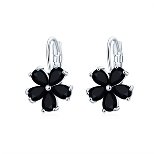 Orecchini vintage in argento con petali di pietre preziose nere e design floreale