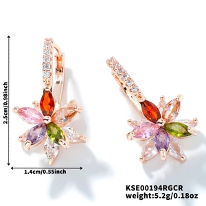 Boucles d'oreilles fleurs double couche en or rose avec zircons colorés marquise