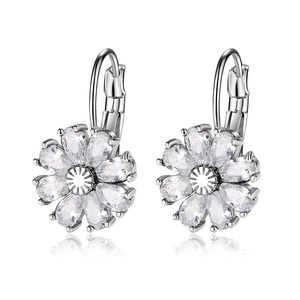 Silver flower lever-back earrings with pear-shaped cubic zirconia petals