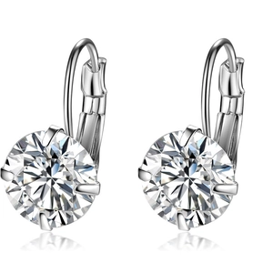 Elegant lever-back earrings with large round-cut zircon in silver finish