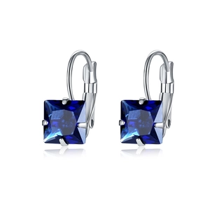 Classic silver leverback earrings with princess cut deep blue zircon stones