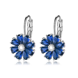 Blue flower hoop earrings with teardrop gemstones in silver setting for women