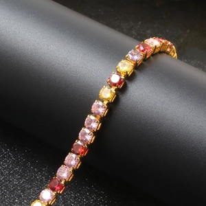Bracelet Tennis à la Mode en Zirconia Coloré pour Femmes Cuivre Plaqué Or Arc-en-ciel Coupe Ronde AAA Bracelet Incrusté