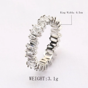 Close-up of a 5mm silver ring band set with sparkling baguette cut cubic zirconia