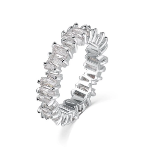 Close-up of eternity ring showing full band of baguette cut cubic zirconia stones