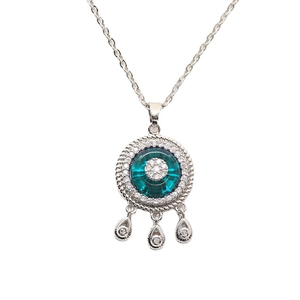 Turkish blue evil eye pendant necklace with white zircons and silver finish charms