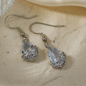 Elegant S925 silver pear-shaped cubic zirconia drop earrings with intricate floral carving