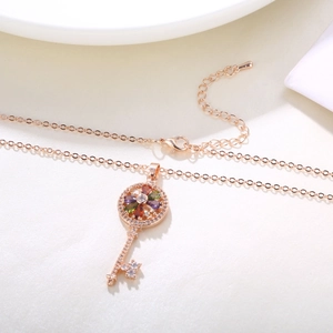 Rose gold key pendant necklace with colorful zircons and adjustable lobster clasp