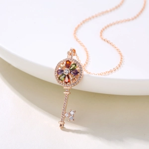 Rose Gold Plated Copper Key Pendant Necklace For Women Colorful Zirconia Flower Lucky Key Charm Jewelry For Wedding Party