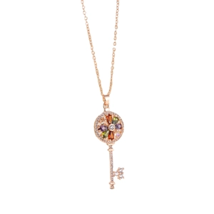 Rose gold key pendant necklace with colorful birthstone flower and diamond accents