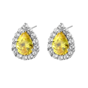 Elegant pear-cut yellow zircon stud earrings with white halo on silver metal base