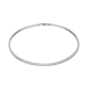 Classic silver finish 4mm tennis necklace featuring a row of sparkling round zircons