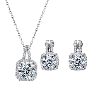 Quadratische Halo Zirkonia Halskette Und Ohrringe Schmuck Für Damen Versilbertes Kupfer Schlüsselbeinkette Brautparty Schmuck