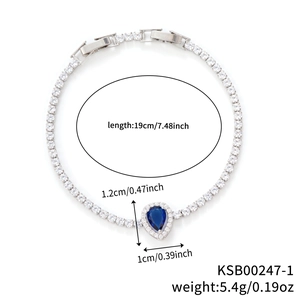 Bracciale tennis in argento da 19 cm con ciondolo in zircone blu a goccia e piccoli diamanti