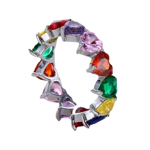 Rainbow heart zircon ring with colorful crystals in a polished silver prong setting