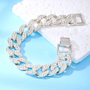 Pulsera cubana plateada de hip hop con múltiples filas de diamantes de imitación