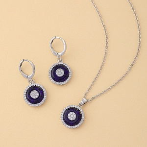 Collier Pendentif En Zircone Ronde En Cuivre Et Boucles Doreilles Dormeuses Strass Bleu Royal Bijoux Mode Femme Mariage