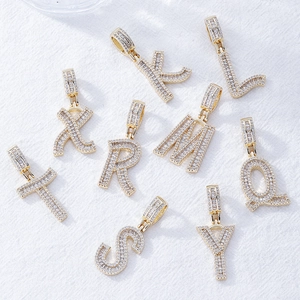Gold-plated iced out baguette zirconia alphabet letter pendants for hip hop necklaces
