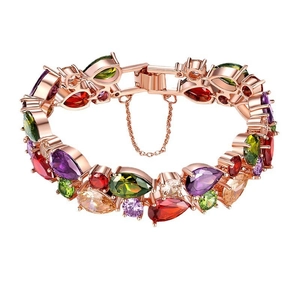Colorful pear-cut crystal bracelet in rose gold plating with a secure safety chain