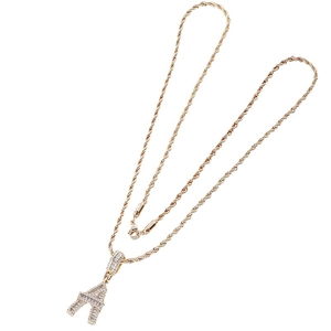 Iced out gold hip hop necklace with square zircon letter A pendant on twist rope chain