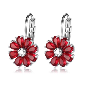 Detail of red flower earrings with pear-cut zircon and silver lever-back closure