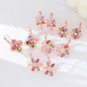 Sweet Copper Zirconia Flower Earrings For Women Colorful Floral Huggies Leverback Stud Earrings Jewelry Wedding Party Gift