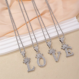 Hip hop silver crown alphabet necklace set with sparkling micro-paved LOVE zircon pendants