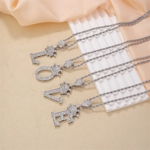 Hip hop silver crown alphabet LOVE necklaces with micro-paved cubic zirconia pendants