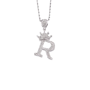 Hip hop silver crown letter R pendant necklace with paved zircons on twist chain