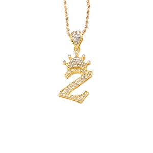 Collana hip-hop dorata con ciondolo lettera Z, corona e cristalli di zircone incastonati