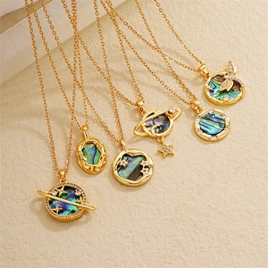 18K Gold Plated Copper Abalone Shell Pendant Necklace For Women Rhinestone Planet Heart Butterfly Dragonfly Jewelry Gift