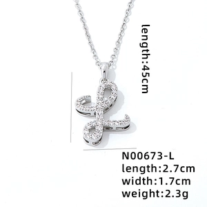 Zilveren letter L hanger ketting met gezette zirkoon en stalen ketting, 45 cm lang