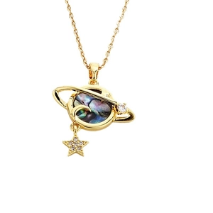 18K gold plated Saturn pendant necklace with iridescent abalone shell and zircon star
