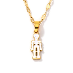Halloween skull pendant necklace in gold finish with white enamel detail and box