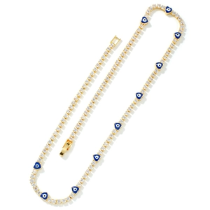Golden tennis necklace with sparkling zircons and blue heart evil eye charms