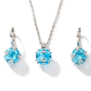 Elegant sky blue faceted stone necklace and earring jewelry set with silver cage mounts