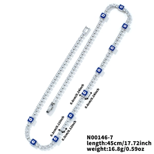 Silver evil eye tennis necklace with blue square pendants and cubic zirconia stones