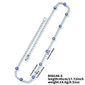 Silver evil eye tennis necklace with blue charms and white cubic zirconia stones