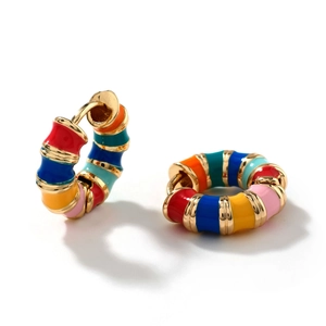 Golden stainless steel hoop earrings with vibrant colorful enamel stripes on white background