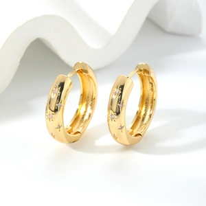 Orecchini a Cerchio in Rame Con Incisione a Stella e Intarsio di Zirconi Oro Argento Placcati Gioielli Donna Regalo