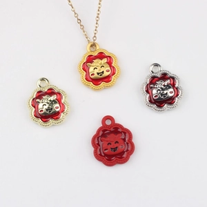 Alloy Flower Zodiac Tiger Fu Character Pendants Red Enamel DIY Jewelry Making Accessories For Necklace Bracelet Earring WSX-4547