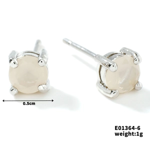 Minimalist round cream gemstone stud earrings in silver prong setting, 0.5cm diameter
