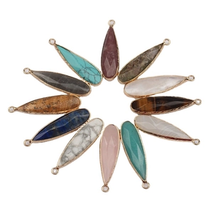 Set of 12 teardrop natural stone pendants with gold faceted edges on a white background