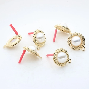 Base de boucle d'oreille ronde dorée avec perle incrustée et boucle de suspension, 6 pcs