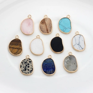 Set of 10 irregular natural gemstone pendants with gold edges for jewelry making