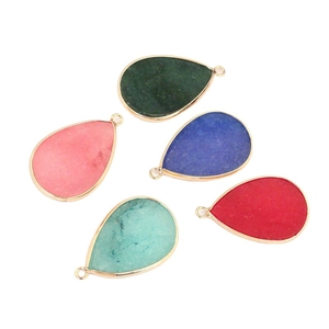 Five assorted teardrop natural agate pendants with gold plated edges and loops