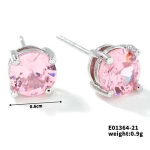 Pink zircon glass stud earrings with silver four-claw setting, 0.6cm round gemstone studs