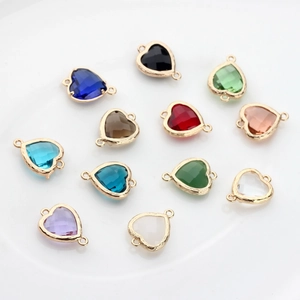 Copper-edged heart crystal pendants in 12 colors with double connectors for DIY jewelry
